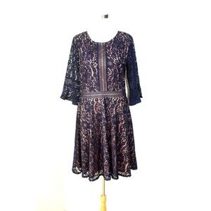 Whimsigoth Fairycore MISS MAY Mini Dress Sz. L Navy Lace Tulle Floral 3/4 Sl. *